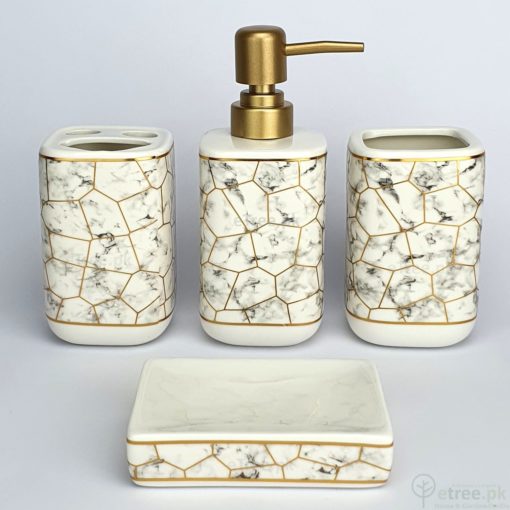 Pearl White Cermic with gold work, Bathroom Accessories Set of 4 Pieces