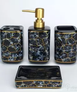 Jet Black Ceramic Bathroom accessories set of 4 pieces with a hint of sky blue and gold work