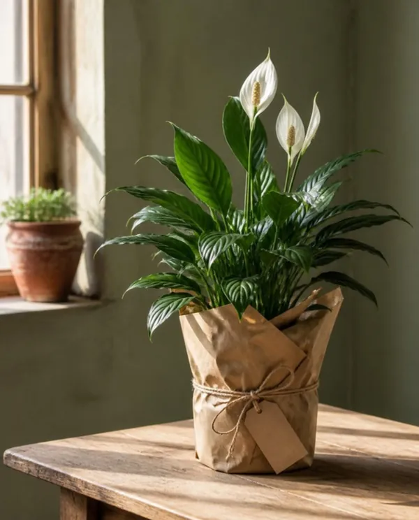 A potted peace lily wrapped in kraft paper and tied with string, on a wooden table