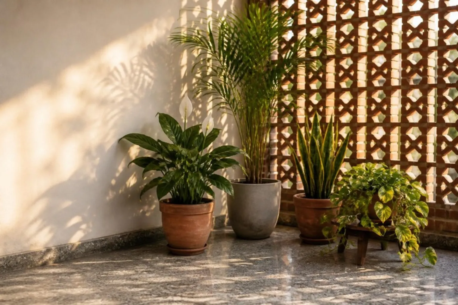 Potted plants on a sunlit verandah