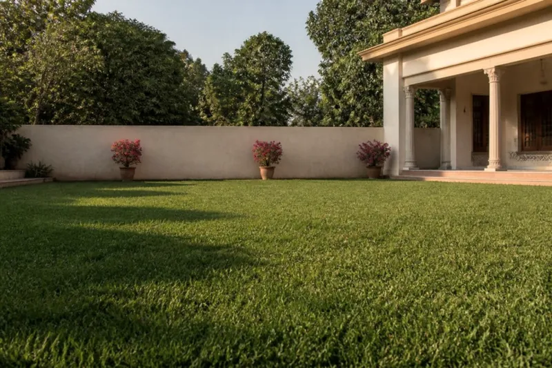 A green lawn in winter sun